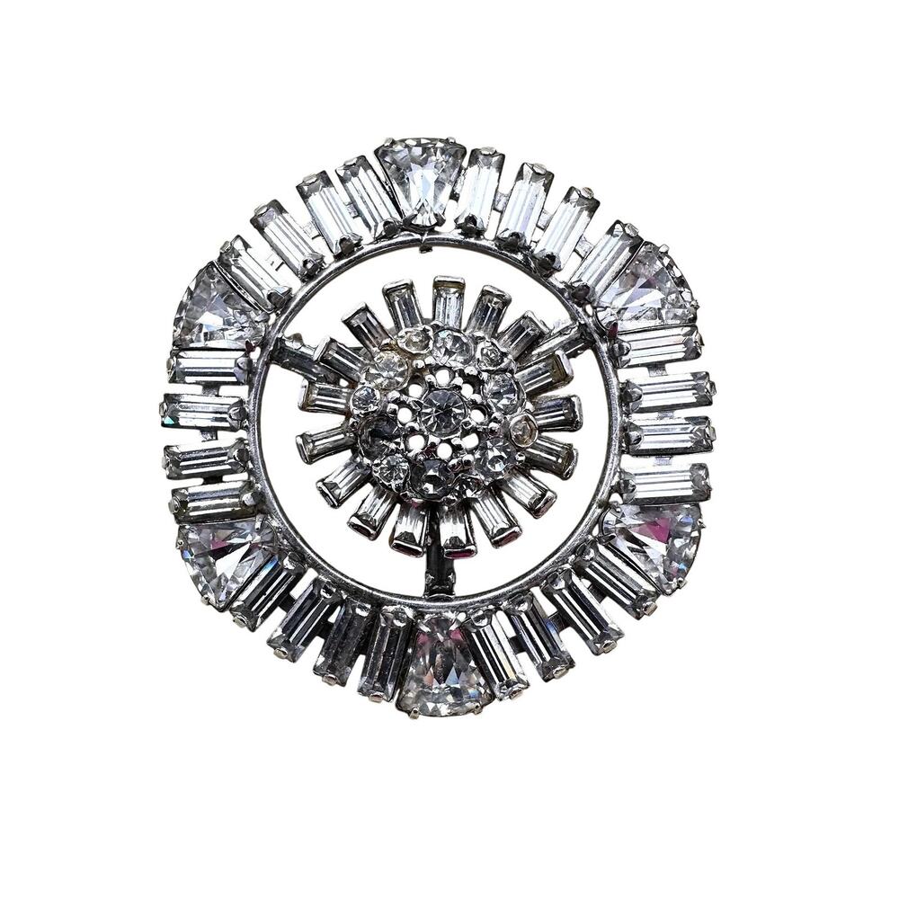 Vintage Baguette Cut Rhinestone Starburst Brooch & Pendant , Signed Den'c / Dena